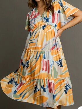 NWT Umgee  Abstract Print Flutter Sleeve Tiered Midi Dress #2